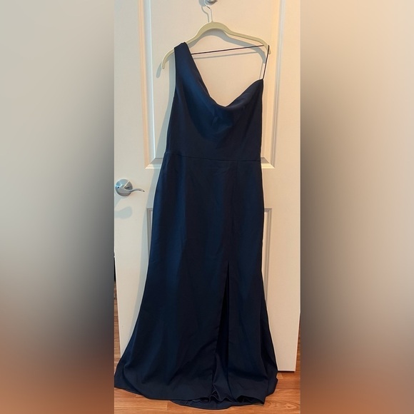 AFTER SIX 6849 Midnight Blue One Shoulder Draped Cowl Neck Maxi Bridesmaid Dress - Picture 3 of 16